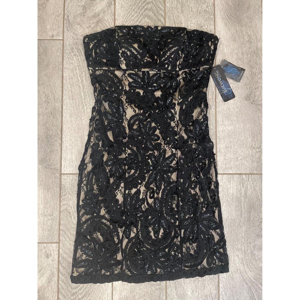 Sue Wong Nocturne Black Lace Beaded Strapless Cocktail Dress Champagne Sz 10 NEW